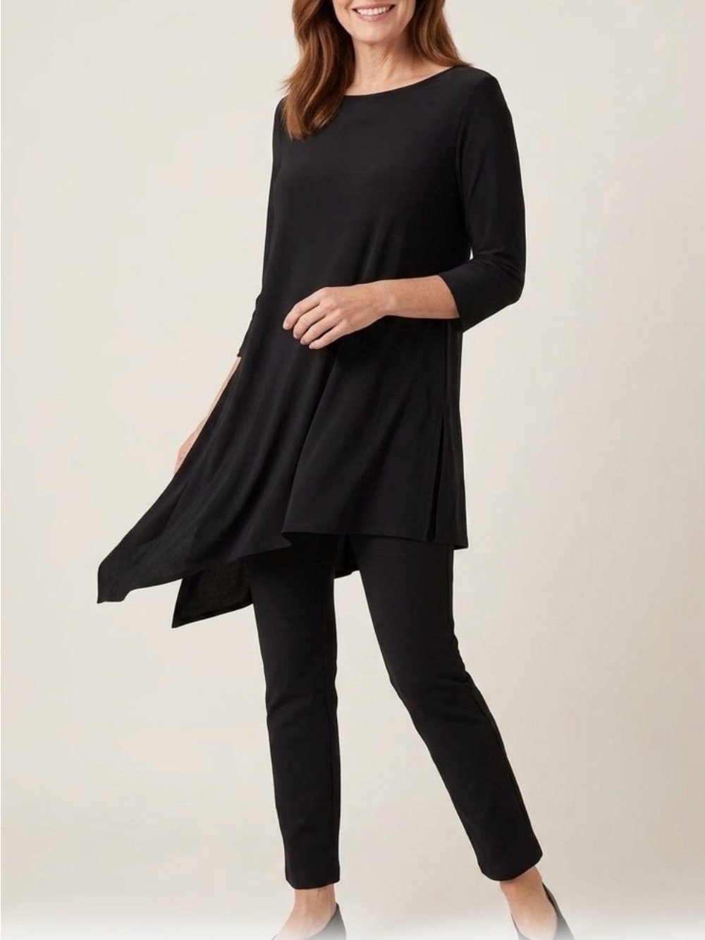 Susan Graver Liquid Knit Asymmetrical Hem Tunic Top Black Size M 0502